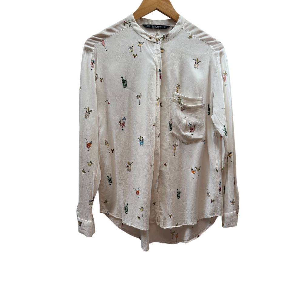 Zara Cocktail Print Blouse Women Medium White‎ Long Sleeve Button Up Shirt